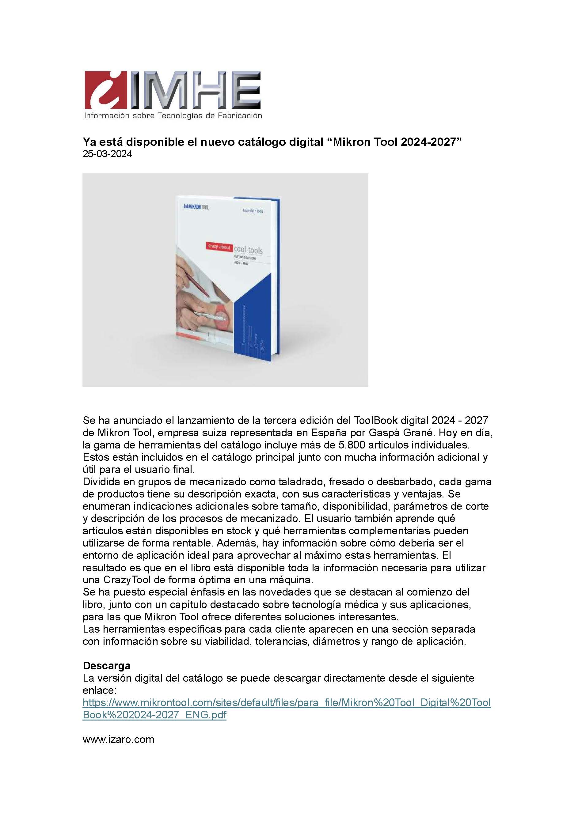 Ya está disponible el nuevo catálogo digital “Mikron Tool 20242027